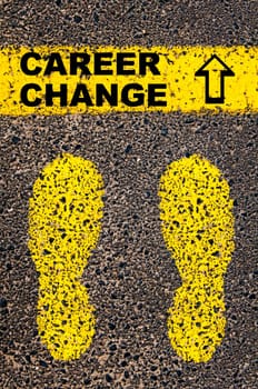 Conceptual image with yellow paint footsteps on the road in front of horizontal line over asphalt stone background. Word XXXXXXXX