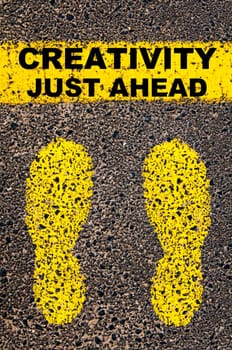 Conceptual image with yellow paint footsteps on the road in front of horizontal line over asphalt stone background. Word XXXXXXXX