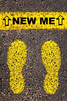 Conceptual image with yellow paint footsteps on the road in front of horizontal line over asphalt stone background. Word XXXXXXXX