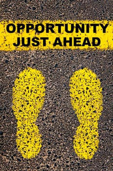 Conceptual image with yellow paint footsteps on the road in front of horizontal line over asphalt stone background. Word XXXXXXXX