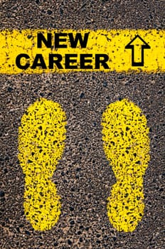 Conceptual image with yellow paint footsteps on the road in front of horizontal line over asphalt stone background. Word XXXXXXXX