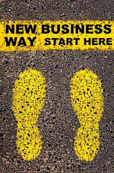 Conceptual image with yellow paint footsteps on the road in front of horizontal line over asphalt stone background. Word XXXXXXXX
