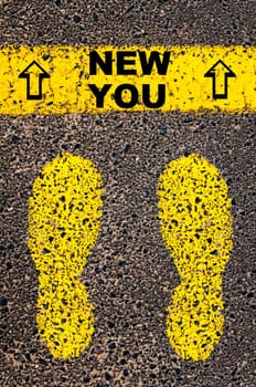 Conceptual image with yellow paint footsteps on the road in front of horizontal line over asphalt stone background. Word XXXXXXXX