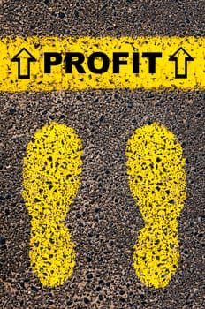 Conceptual image with yellow paint footsteps on the road in front of horizontal line over asphalt stone background. Word XXXXXXXX