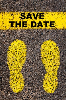 Conceptual image with yellow paint footsteps on the road in front of horizontal line over asphalt stone background. Word XXXXXXXX