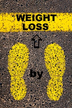 Conceptual image with yellow paint footsteps on the road in front of horizontal line over asphalt stone background. Word XXXXXXXX