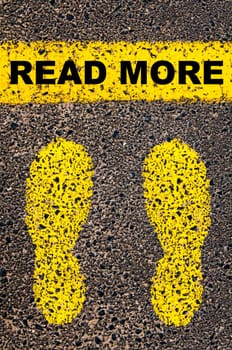 Conceptual image with yellow paint footsteps on the road in front of horizontal line over asphalt stone background. Word XXXXXXXX