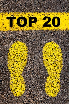 Conceptual image with yellow paint footsteps on the road in front of horizontal line over asphalt stone background. Word XXXXXXXX