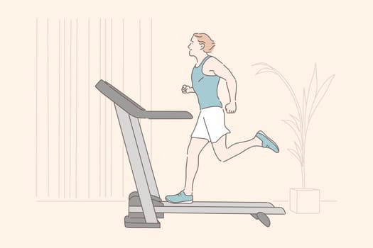 Sports workout, endurance home training, physical exercise concept. Young sportsman jogging on treadmill, healthy lifestyle, active recreation, man using gym equipment. Simple flat vector