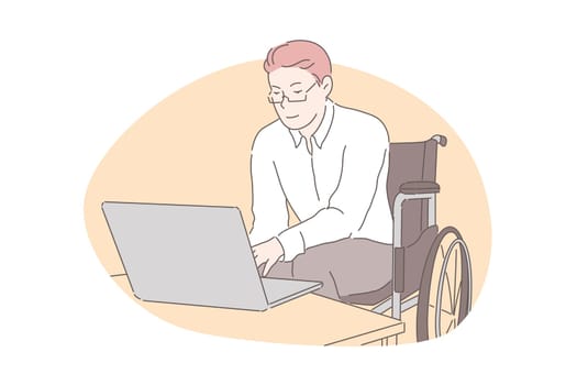 Home education, remote job, accessibility concept. Young freelancer, company employee, handicapped businessman working with laptop, disabled college student surfing internet. Simple flat vector