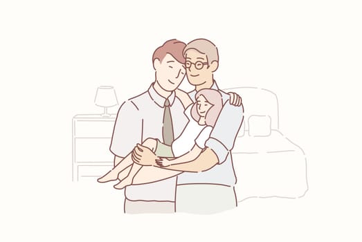 Lovely gay family. Two adult men and small baby standing together in the room at home. Husband and husband holding toddler. Homosexual couple with baby. Male gay couple with foster daughter. Adoption. Cartoon flat Design, Isolated Vector Illustration.