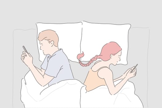 Relationship trouble, mobile phone addiction, marriage crisis concept, Girlfriend and boyfriend lying in bed with smartphones, modern lifestyle problem, communication problem, Simple flat vector