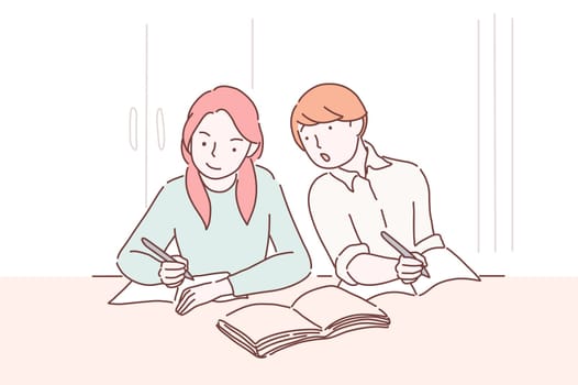 Cheating on test. Teenager student peeping to the test-book of his female classmate sitting one desk before him. Boy copying another students work in exam i nexam hall in college. Cartoon flat Design, Isolated Vector Illustration.
