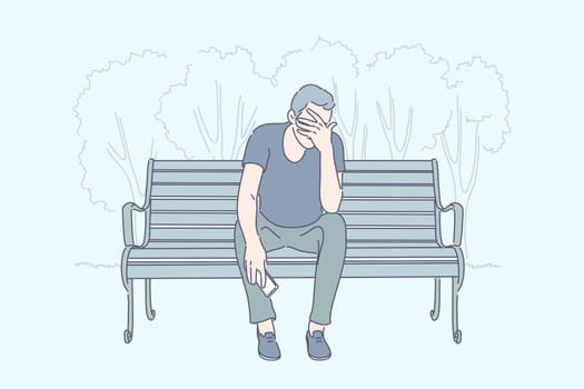 Frustration, emotional stress, depression concept. Young man sitting on bench with phone, desperate guy receiving bad news, psychological problem, sad person with migraine. Simple flat vector