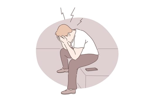 Panic attack, emotional stress, depression concept. Guy sitting and holding head, desperate person receiving bad news, mental health problem, young man suffering from headache. Simple flat vector