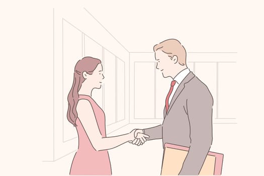 Business deal, real estate business, house purchase concept. Smiling woman and man in suit shaking hands, realtor selling home to buyer, young lady renting apartment. Simple flat vector