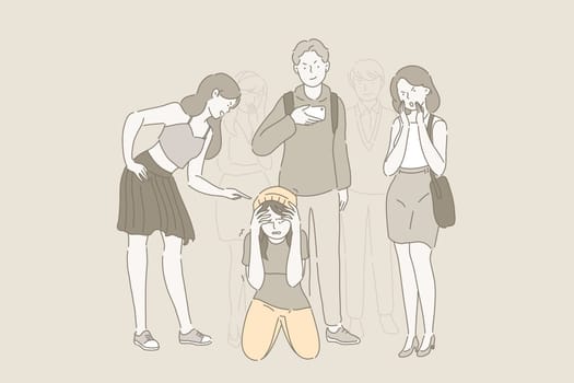 Bullying at school and problem of mockery. Sad teenage girl sitting on floor surrounded by classmates mocking her, taking photos on smartphones scoffing. ?yberbullying. Cartoon flat Design, Isolated Vector Illustration.