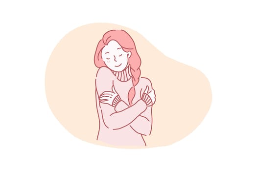 Vector illustration attractive, charming, well groomed beautiful, beautiful, gentle, calm cheerful young girl hugging herself. Cartoon flat Design Isolated