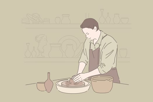 Clayware crafting, craftsmanship hobby, handmade pottery concept. Young man visiting handicraft classes, earthenware workshop, professional clay artist in apron making ceramic jar. Simple flat vector