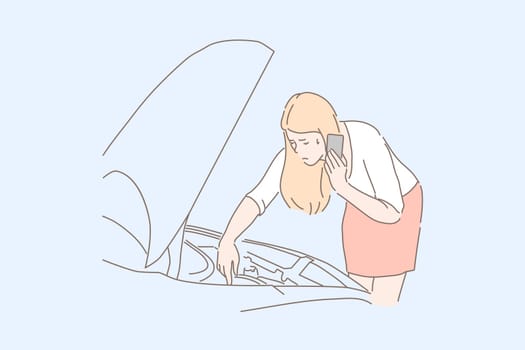 Automobile breakdown, car problem, emergency situation concept. Young woman looking under vehicle hood, blonde calling to maintenance service, girl receiving consultation on phone. Simple flat vector