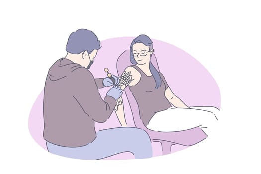Body modification, modern fashion, self expression concept. Tattoo making process, beautiful stylish woman with piercing lying on couch, artist drawing ornament. Simple flat vector