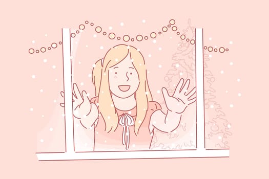 First snow, happy childhood, wintertime concept. Cheerful little girl looking outside window, adorable child excited about snowfall, winter holiday, christmas celebration. Simple flat vector
