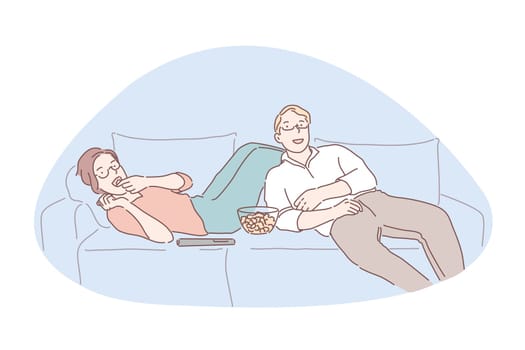 Movie night, media entertainment, indoor recreation concept. Happy couple watching TV together, cheerful girlfriend and boyfriend lying on sofa with popcorn, leisure activity. Simple flat vector