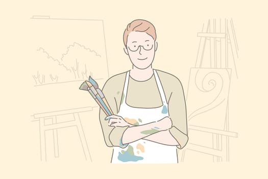 Painting hobby, art studio, workshop concept. Male painter in apron holding paintbrushes, young talented artist, drawing class teacher surrounded with pictures. Simple flat vector