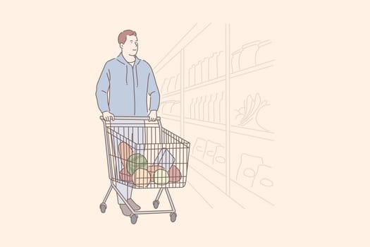 Grocery shopping, department store, commerce concept. Young man choosing fresh products, mall customer pushing cart, supermarket client with natural fruits and vegetables trolley. Simple flat vector
