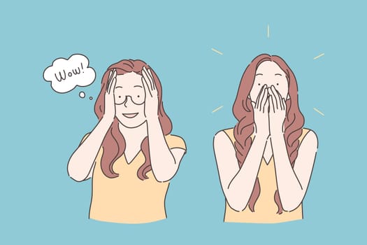 Emotional reaction, amazement expression, wonderstruck concept. Young woman in glasses looking surprised, astonished girl saying wow, beautiful overwhelmed lady. Simple flat vector