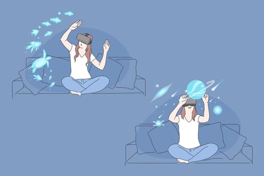 Virtual reality, AR technology, immersive experience concept. Amazed girl wearing VR headset, young woman exploring sealife and cosmos in cyberspace, modern digital entertainment. Simple flat vector