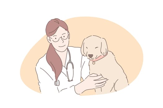 Veterinarian hospital, vet clinic, pets healthcare concept. Professional canine doctor with adorable little puppy, dogs medical treatment, domestic animals care. Simple flat vector