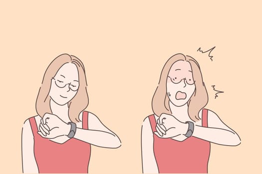 Bad time management, emotional reaction, stress concept. Shocked young woman looking at watch, college student late for meeting, office worker forgot about deadline. Simple flat vector