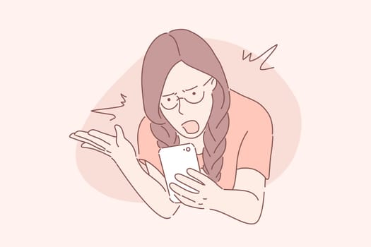 Anger, frustration, confusion concept. Nervous girl looking at smartphone screen. Furious teenager irritated with phone malfunction. Mad woman angry with bad message. Simple flat vector