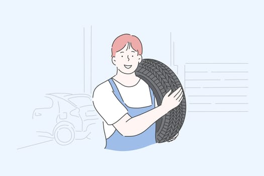 Auto mechanic, repairman, transport maintenance service concept. Man in blue uniform working at car service center, tire fitting, changing wheel, repairing vehicles. Simple flat vector