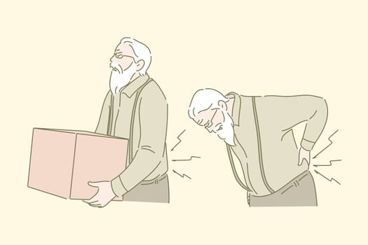 Weight lifting, back ache, healthcare concept. Senile disease, medical contraindication, old man with box, grandfather carrying heavy load, graybeard suffering from pain. Simple flat vector