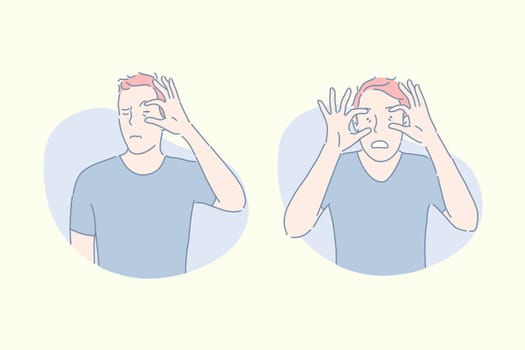Buffoonery, grimacing, making faces concept. Antics, facial expressions, gesticulating young man, clowning guy, teasing male teenager, boy stretching skin around eyes. Simple flat vector