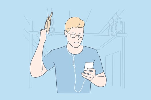 Commuting, using smartphone, bus passenger concept. Male commuter surfing web in public transport, underground. Young man listening music on cellphone with headphones. Simple flat vector