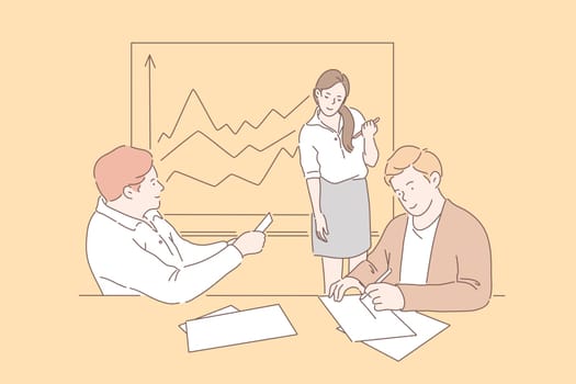 Business people at a meeting concept. Smiling businessmen and business woman working together in the office at the workplace. A girl and guys at a meeting analyzing finance growth or profits.