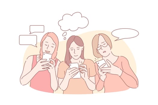 Online communication, correspondence, message app concept. Messaging, chatting, positive and negative emotions, good and bad news, young women with smartphones and speech bubbles. Simple flat vector
