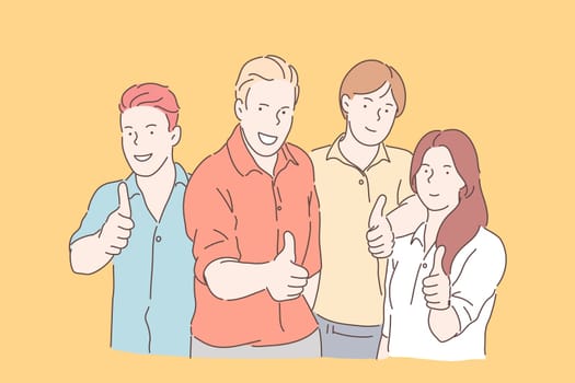 Teamwork, partnership, coworking concept. Smiling business people or happy team together look at the camera. Young businessmen and business woman show Like sign in office. Simple flat vector