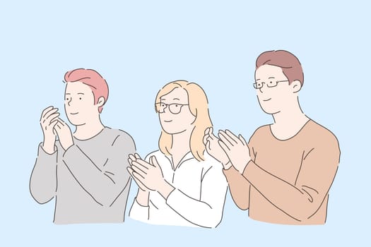 People clapping hands concept. Young male and female friends, office workers applauding, social acknowledgement, colleagues, partners support and congratulation gesture. Simple flat vector