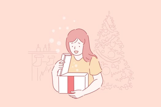 Excited little child with surprise, kid getting New Year gift concept. Happy girl unpacking festive present, Christmas holiday celebration, winter season tradition. Simple flat vector