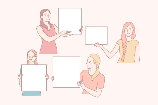 Project demonstration, business presentation concept. Exhibition, picture showing, exposition, young women with empty frames, smiling girls with blank paper sheets. Simple flat vector
