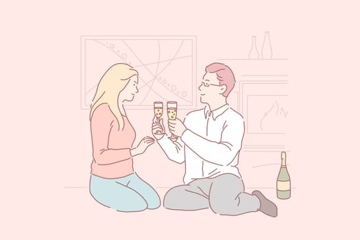 Dating at home, romantic dinner, love atmosphere concept. Family holiday, romance, Valentines Day celebration, enamored couple with champagne glasses, resting together. Simple flat vector