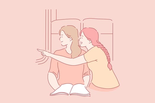 Travelling by train concept. Mother and child enjoying window view, tourists having happy trip in passenger car, pleasant railway journey, cute girlfriends travelling together. Simple flat vector