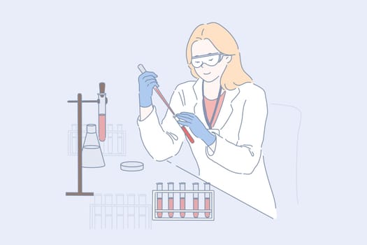 Lab worker at work concept. Female researcher, doctor in protective glasses and white coat making blood test, young chemist, pharmacologist studies samples in scientific experiment. Simple flat vector