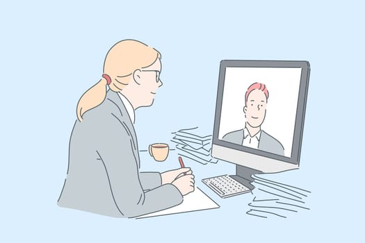 Woman making video call concept. Office worker communicating with business partner online, using modern communication technologies at work, watching internet educational course. Simple flat vector