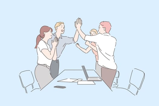 Colleagues celebrate success concept. Cheerful office workers clapping hands, applauding on professional achievement, happy coworkers victorious gestures, teamwork and cooperation. Simple flat vector