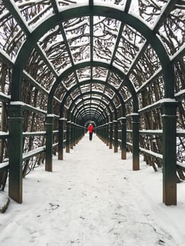 Person in winter park with arches and trees in foreground